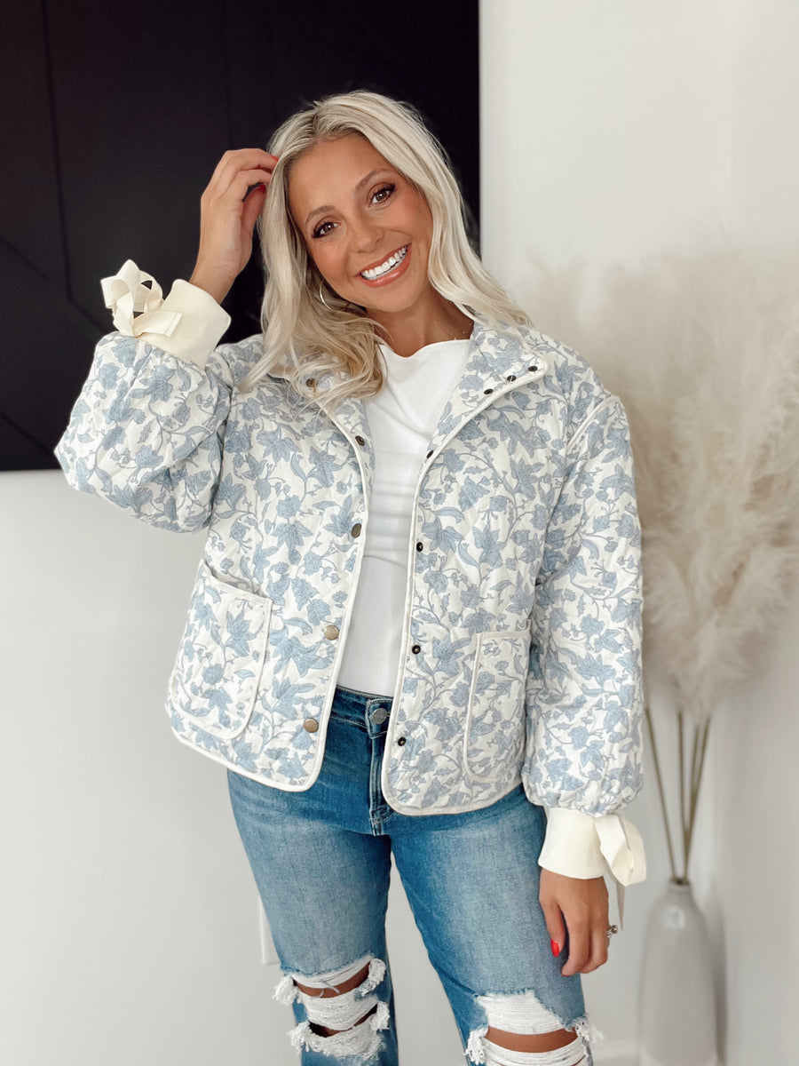 Floral Quilted Jacket with Bow Tie Ribbon - Blue – Shop Tate