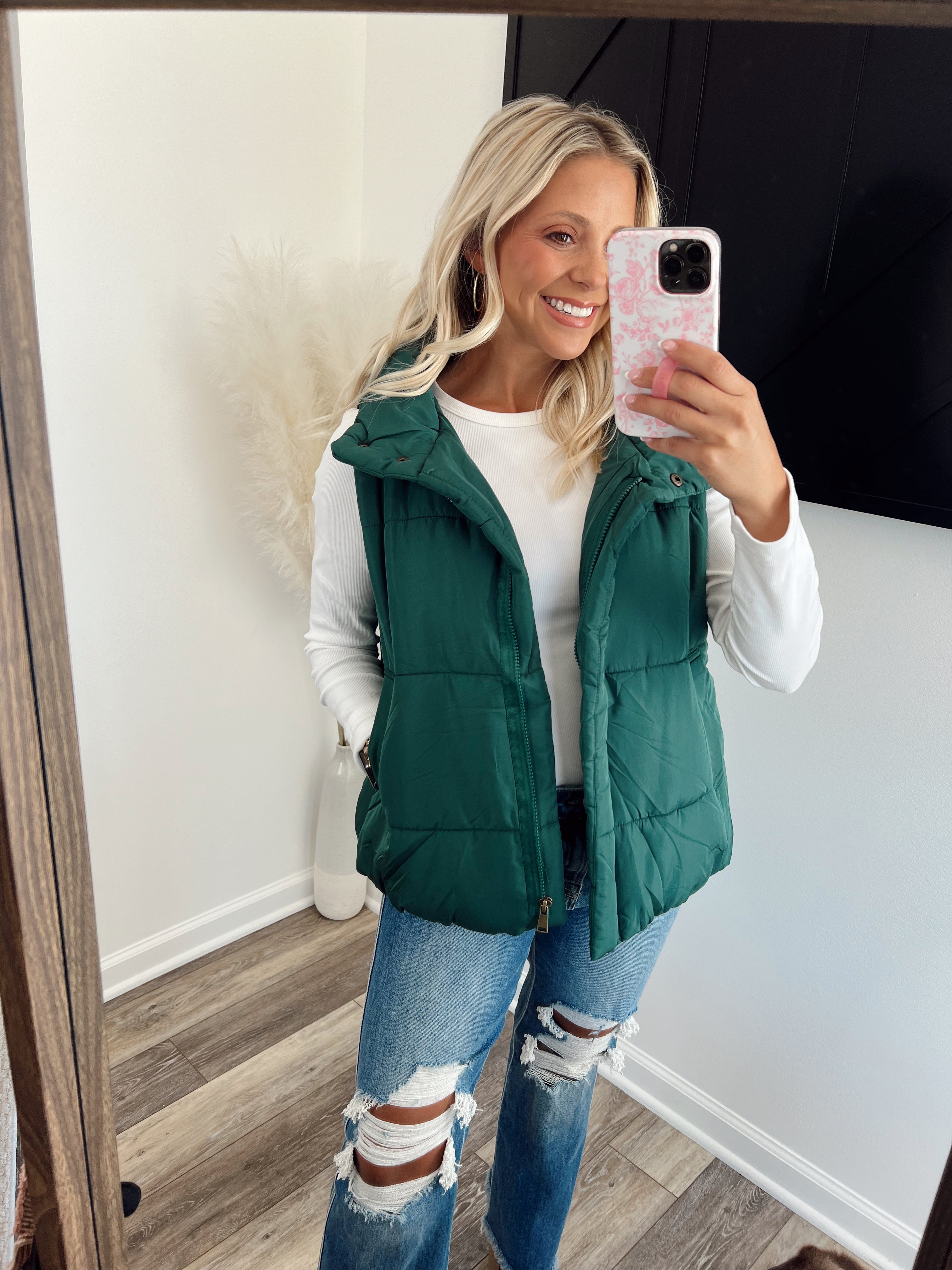 SOLID ZIP UP PUFFER VEST: HUNTER GREEN