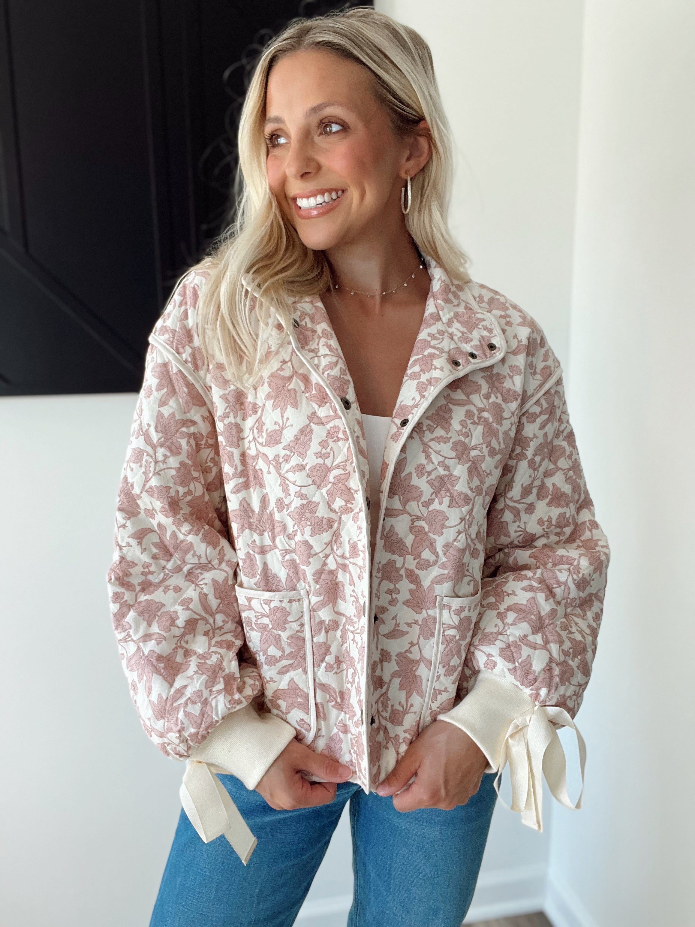 Floral Quilted Jacket with Bow Tie Ribbon - Pink