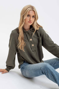 PLUS COLLARED RAW EDGE KNIT TOP: DARK OLIVE