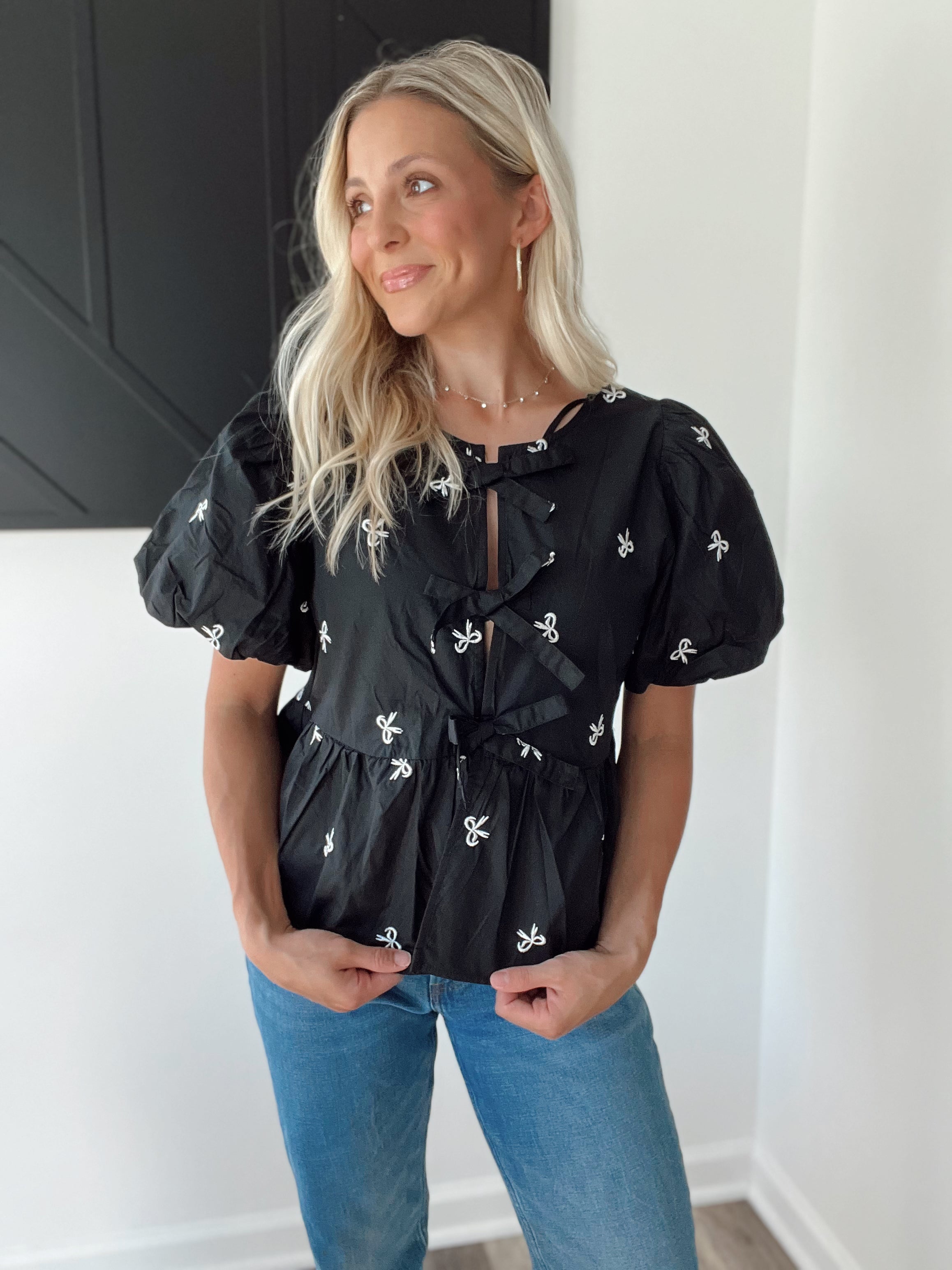 Front Tie Bow Embroidered Blouse