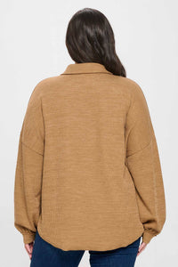 PLUS COLLARED RAW EDGE KNIT TOP: DARK OLIVE