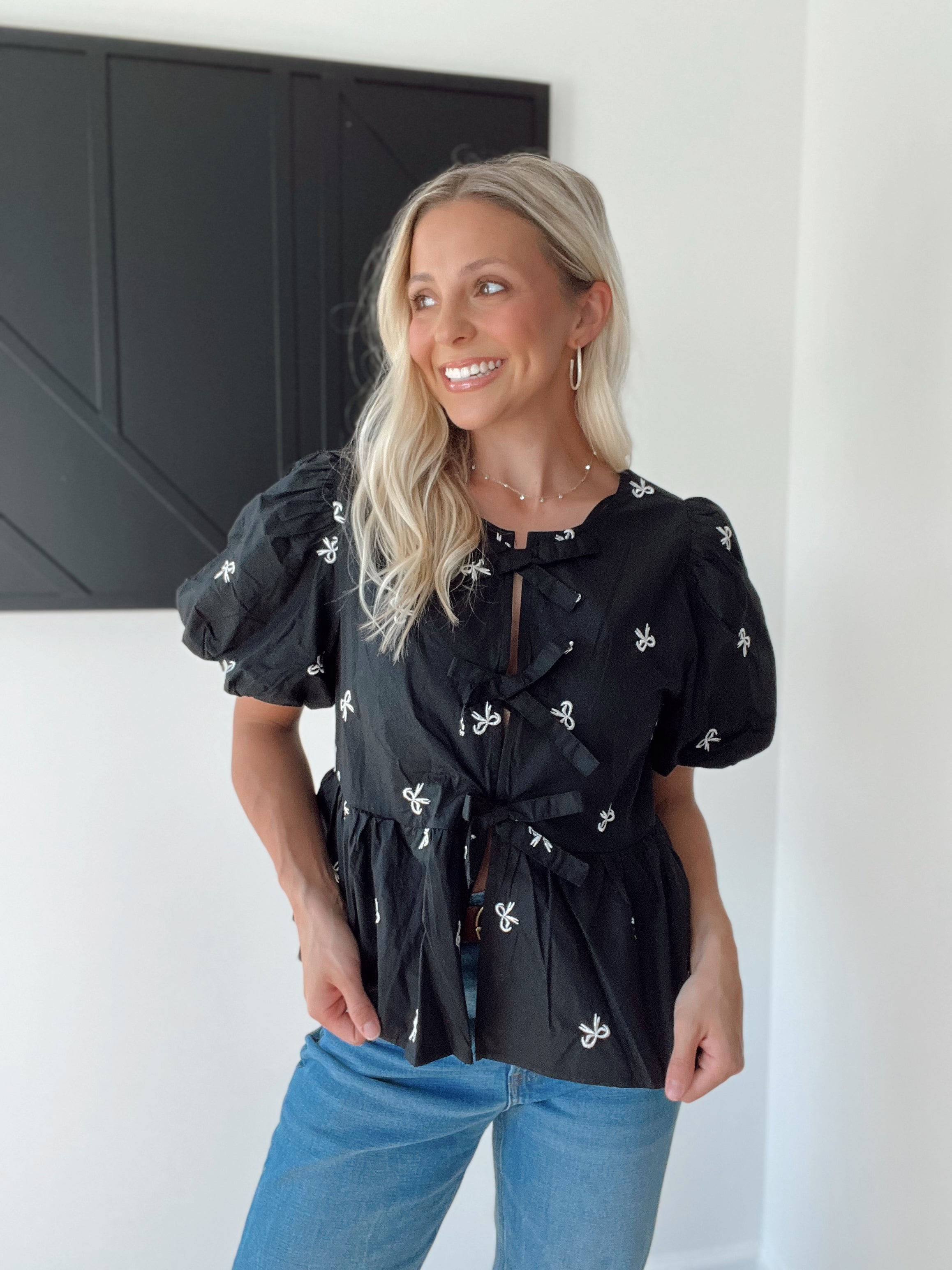Front Tie Bow Embroidered Blouse