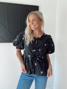 Front Tie Bow Embroidered Blouse