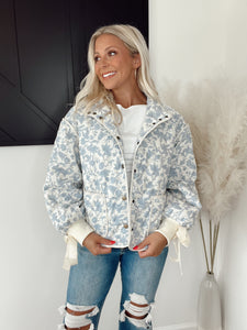 Floral Quilted Jacket with Bow Tie Ribbon