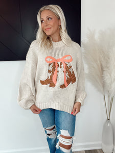 Cowboy Boots & Bows Sweater - Taupe