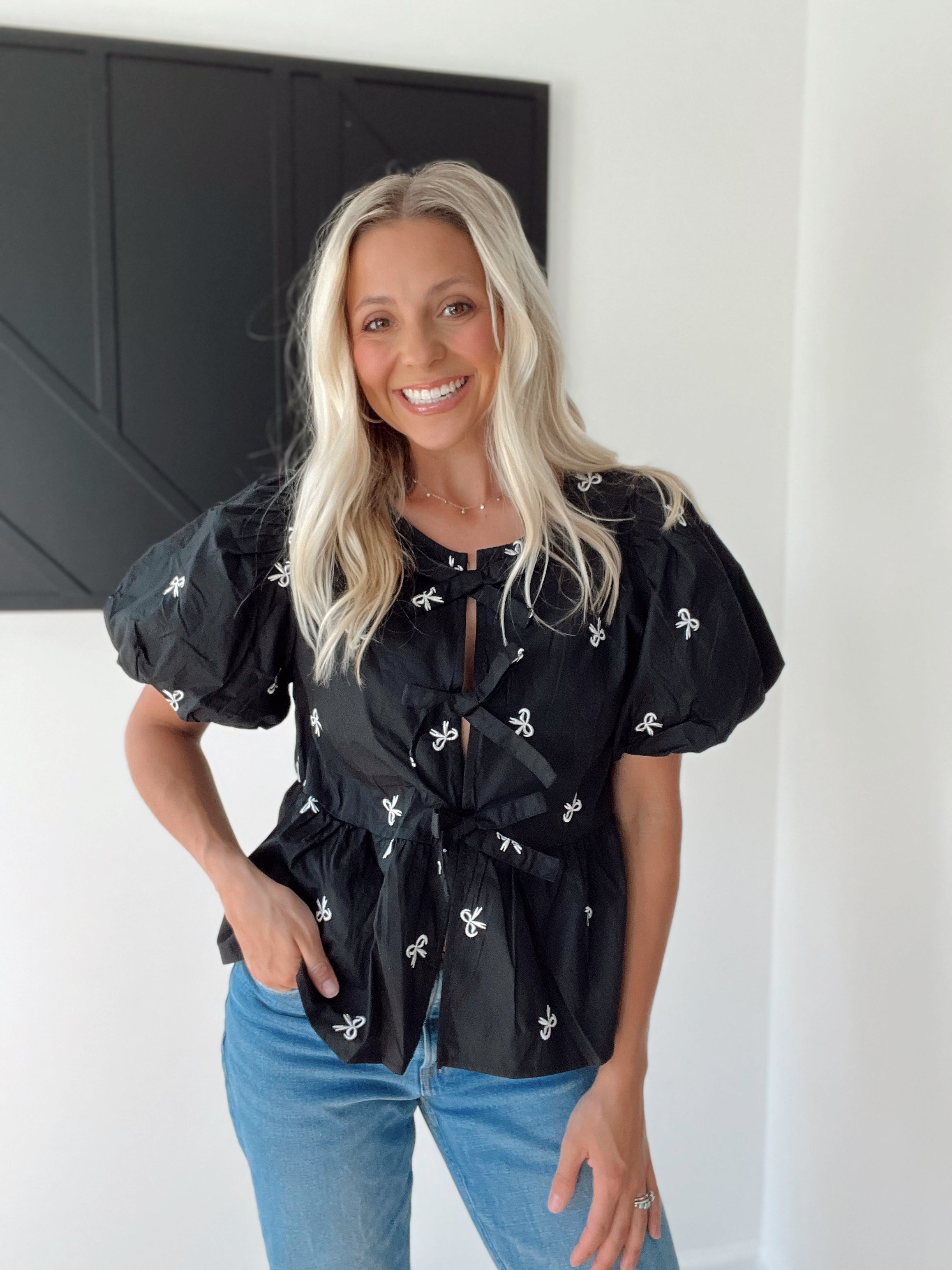 Front Tie Bow Embroidered Blouse