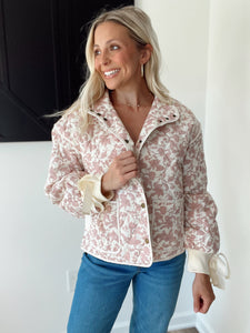 Floral Quilted Jacket with Bow Tie Ribbon - Pink