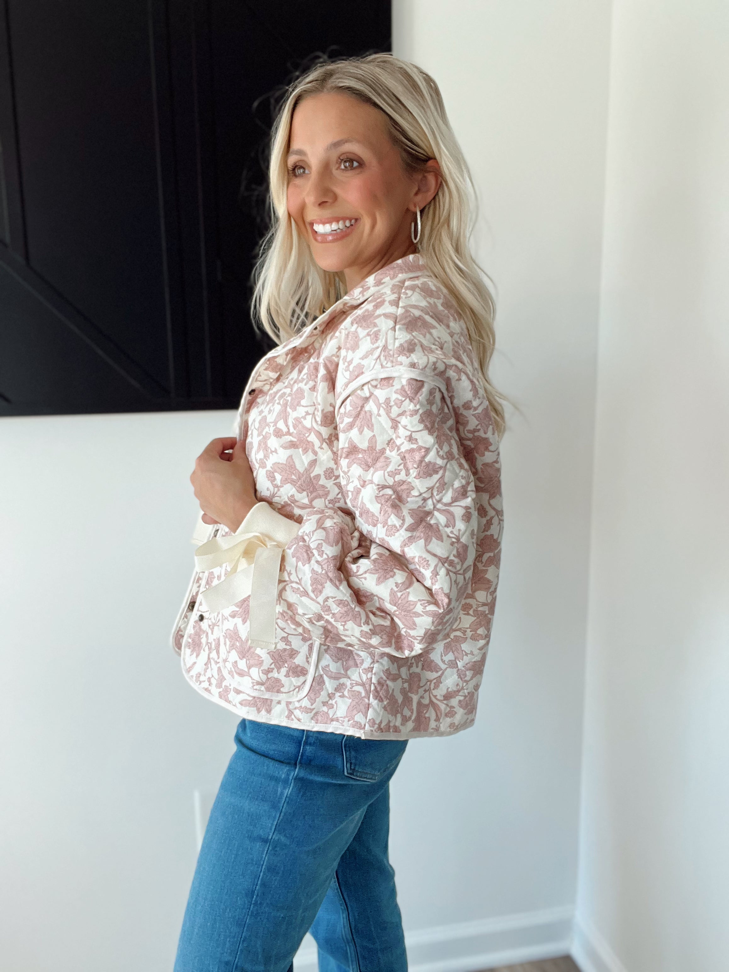 Floral Quilted Jacket with Bow Tie Ribbon - Pink