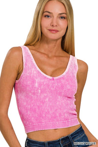 Washed Ribbed Cropped Tank - Pink