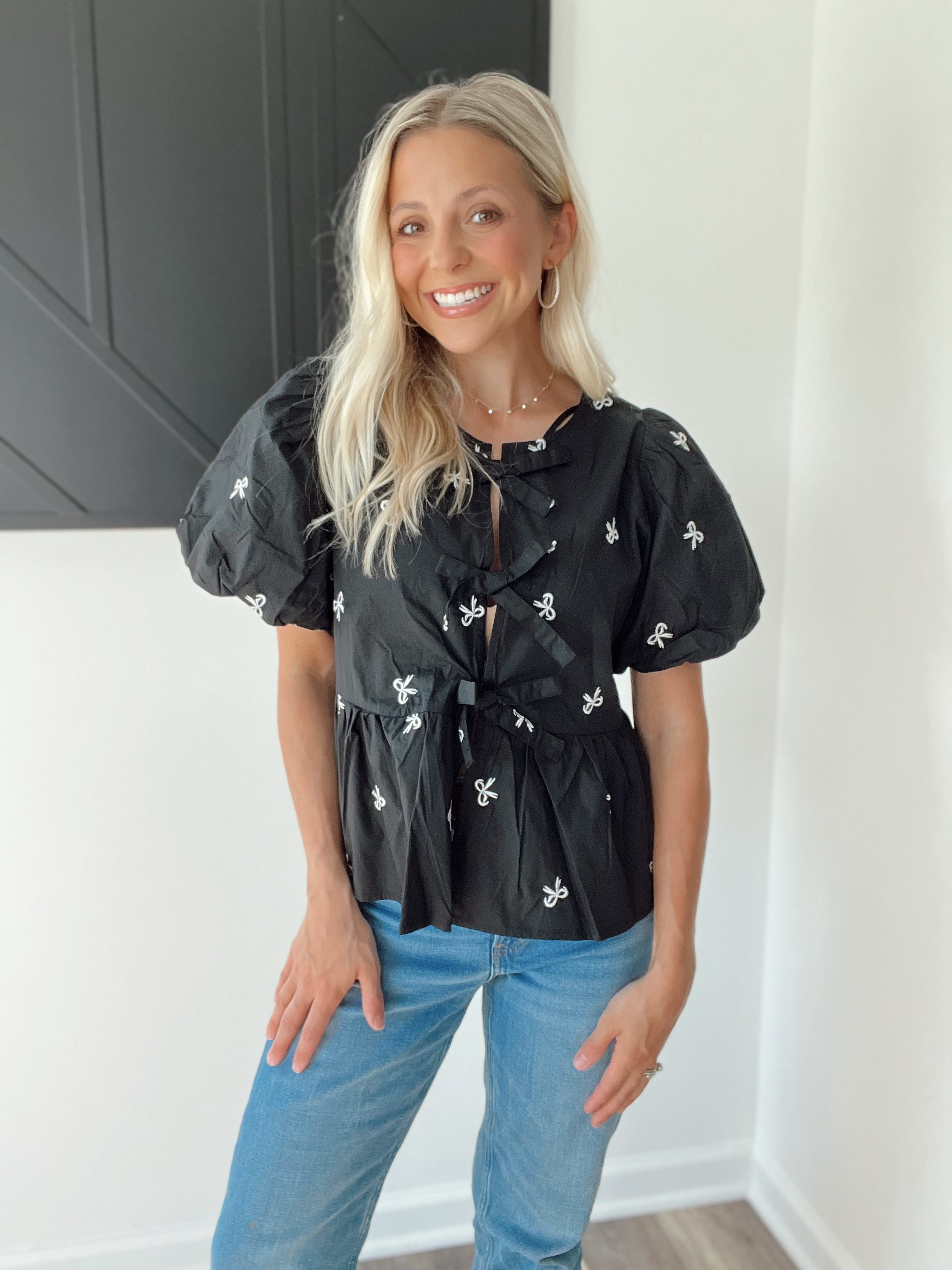 Front Tie Bow Embroidered Blouse