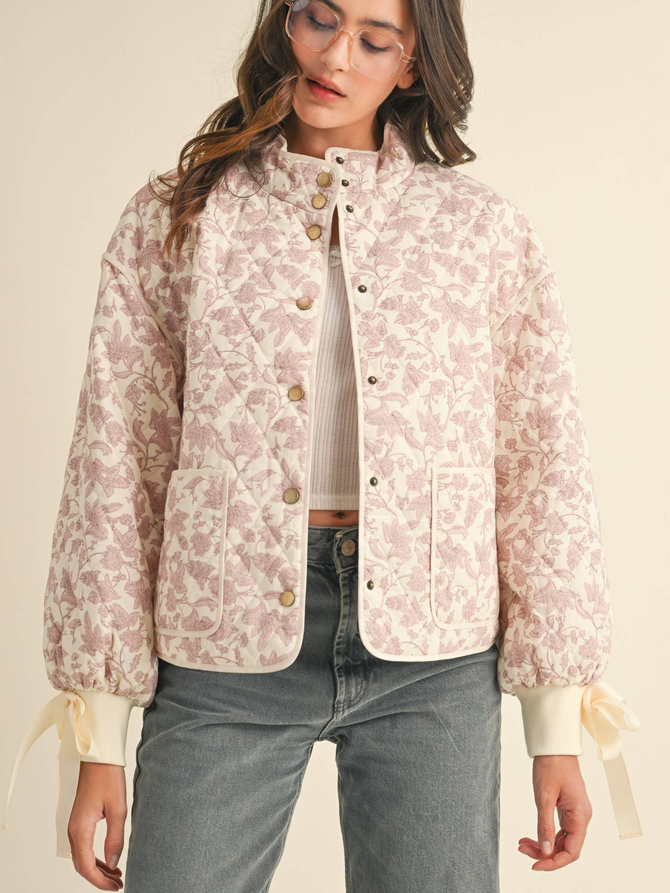Floral Quilted Jacket with Bow Tie Ribbon - Pink