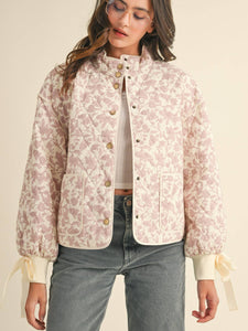 Floral Quilted Jacket with Bow Tie Ribbon - Pink