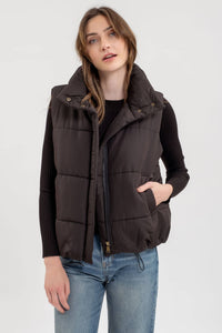 SOLID ZIP UP PUFFER VEST: BLACK