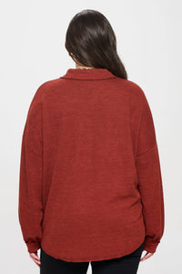 PLUS COLLARED RAW EDGE KNIT TOP: DARK OLIVE